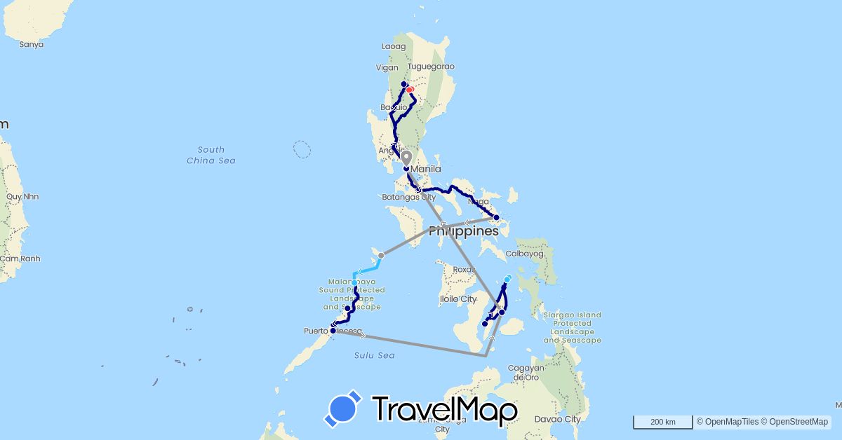 TravelMap itinerary: driving, plane, hiking, boat in Philippines (Asia)